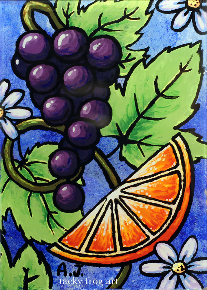 a reverse-glass painting of an orange slice and some grapes with leaves and daisies in the background