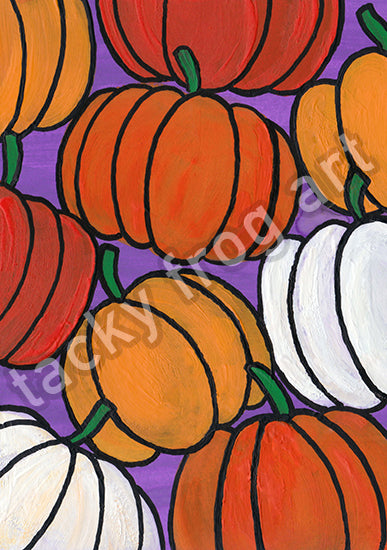 a painting of colorful pumpkins stacked on each other