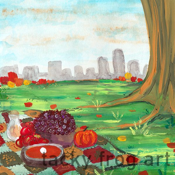 A painting of an autumn-themed picnic. A city skyline is painted in the background.
