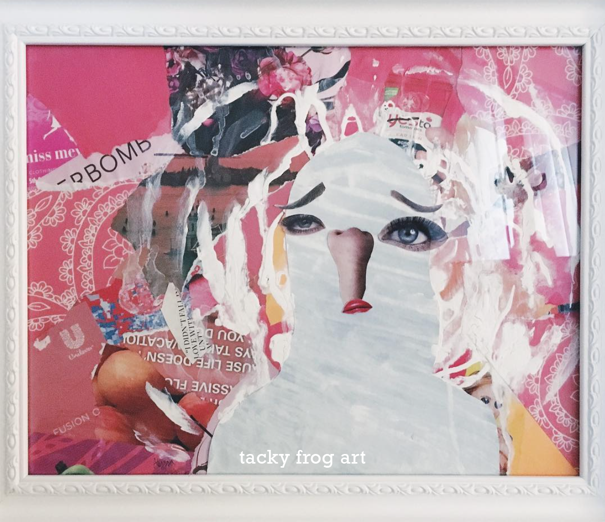 An unsettling mixed-media collage of an extremely simple face.