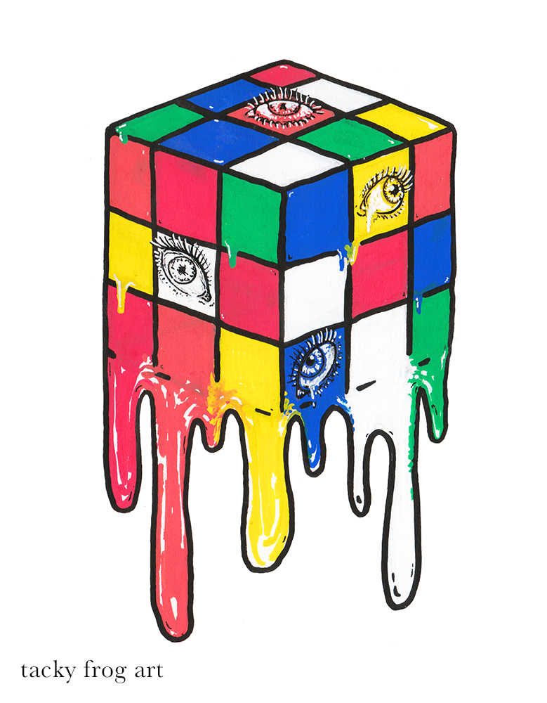 a painting of a puzzle cube with eyes on it