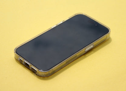 The clear phone case shown screen-side up.