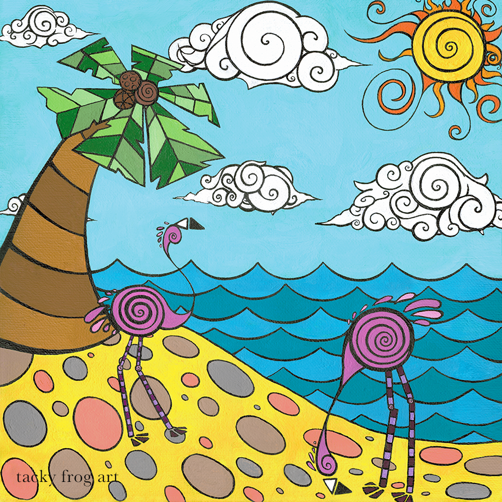 a whimsical painting of two flamingos on the beach with clouds and a palm tree
