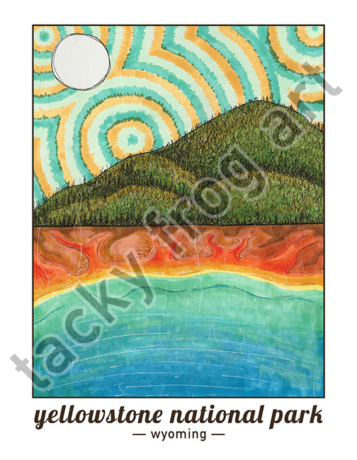 A unique drawing of the Grand Prismatic Spring at Yellowstone National Park. The sky in this picture shows a colorful, circular repeating design.