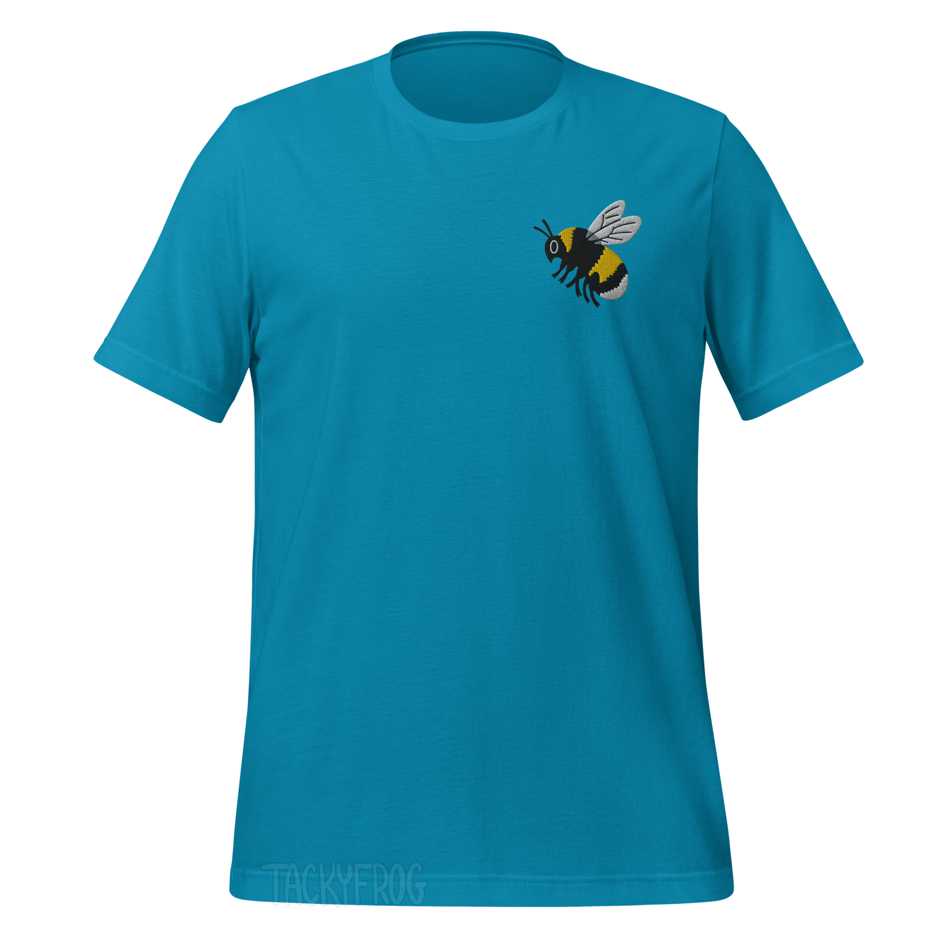 A mockup of the bumble bee embroidered shirt in the color "aqua". 