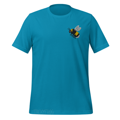 A mockup of the bumble bee embroidered shirt in the color "aqua". 