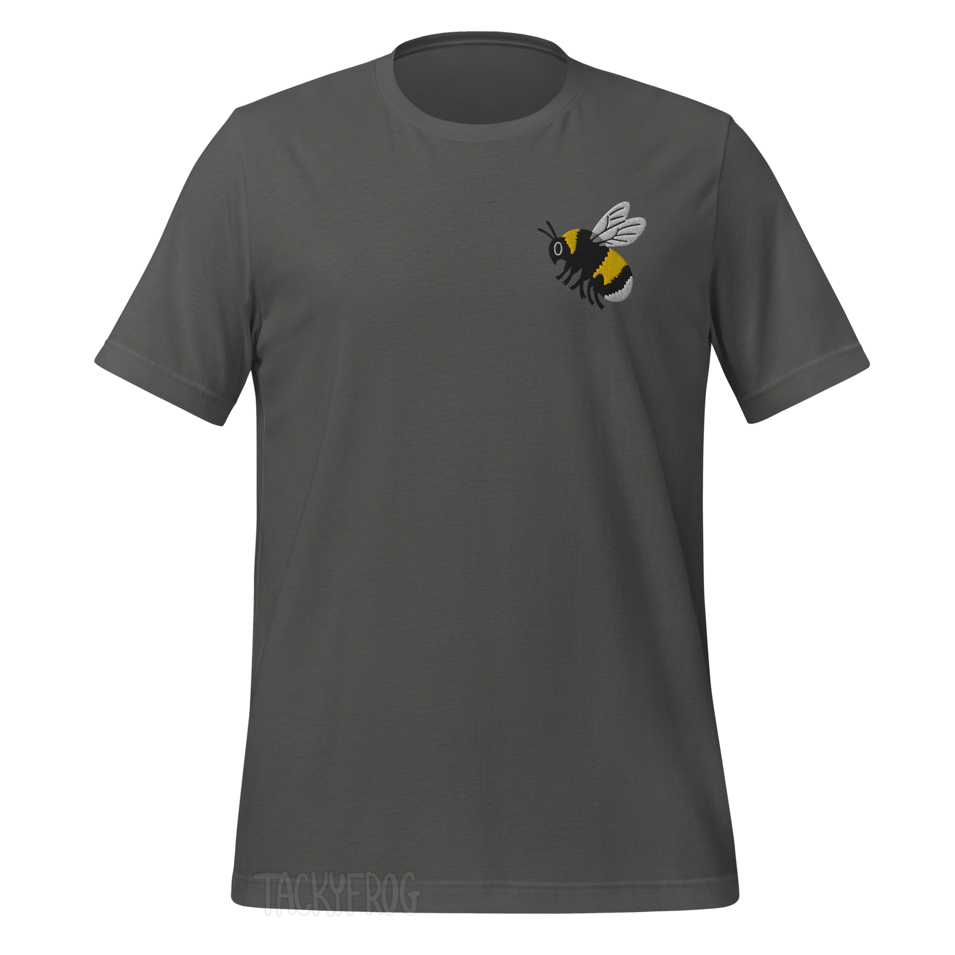 A mockup of the bumble bee embroidered shirt in the color "asphalt". 