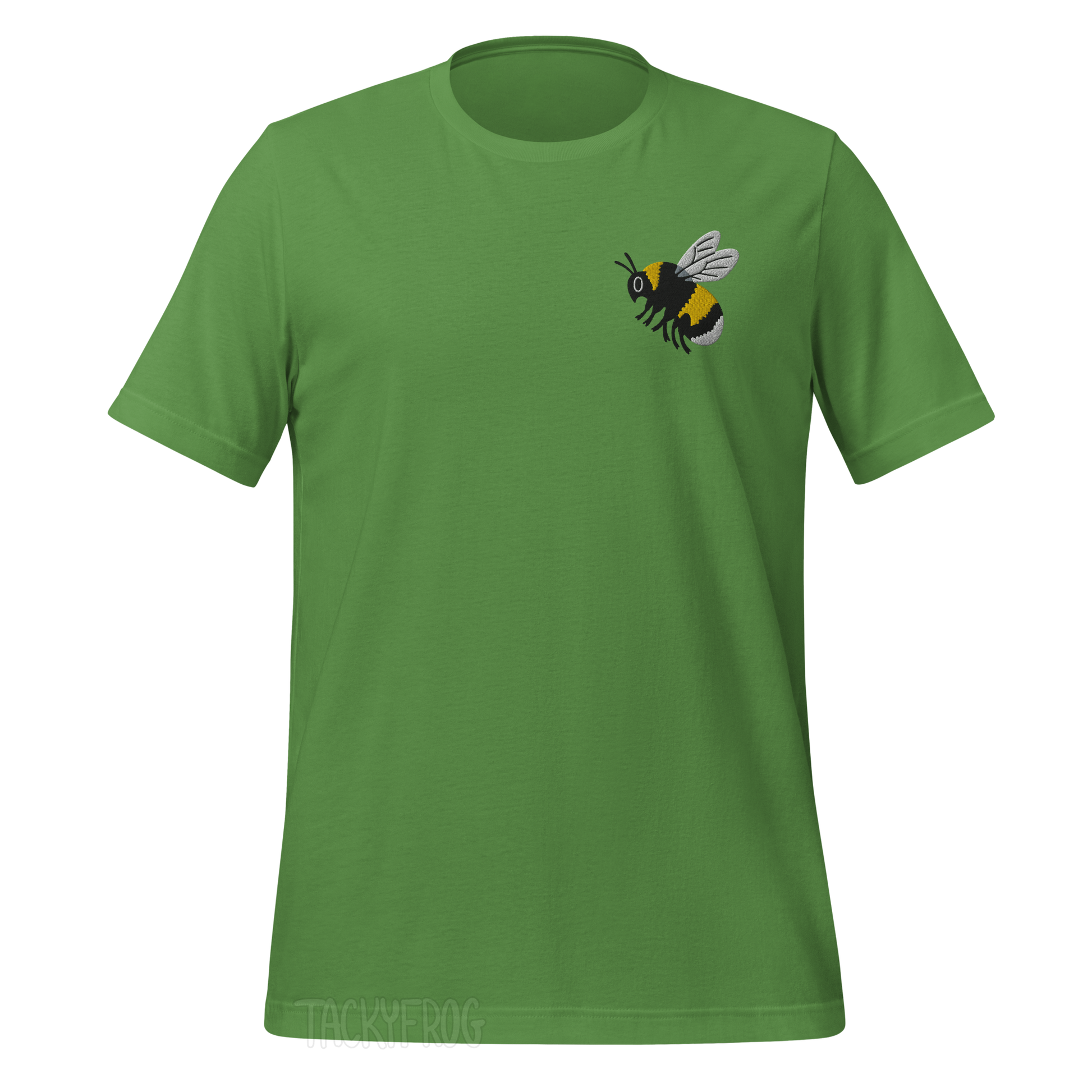 A mockup of the bumble bee embroidered shirt in the color "leaf". 