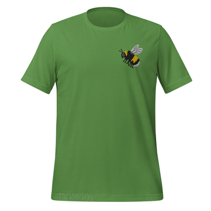 A mockup of the bumble bee embroidered shirt in the color "leaf". 