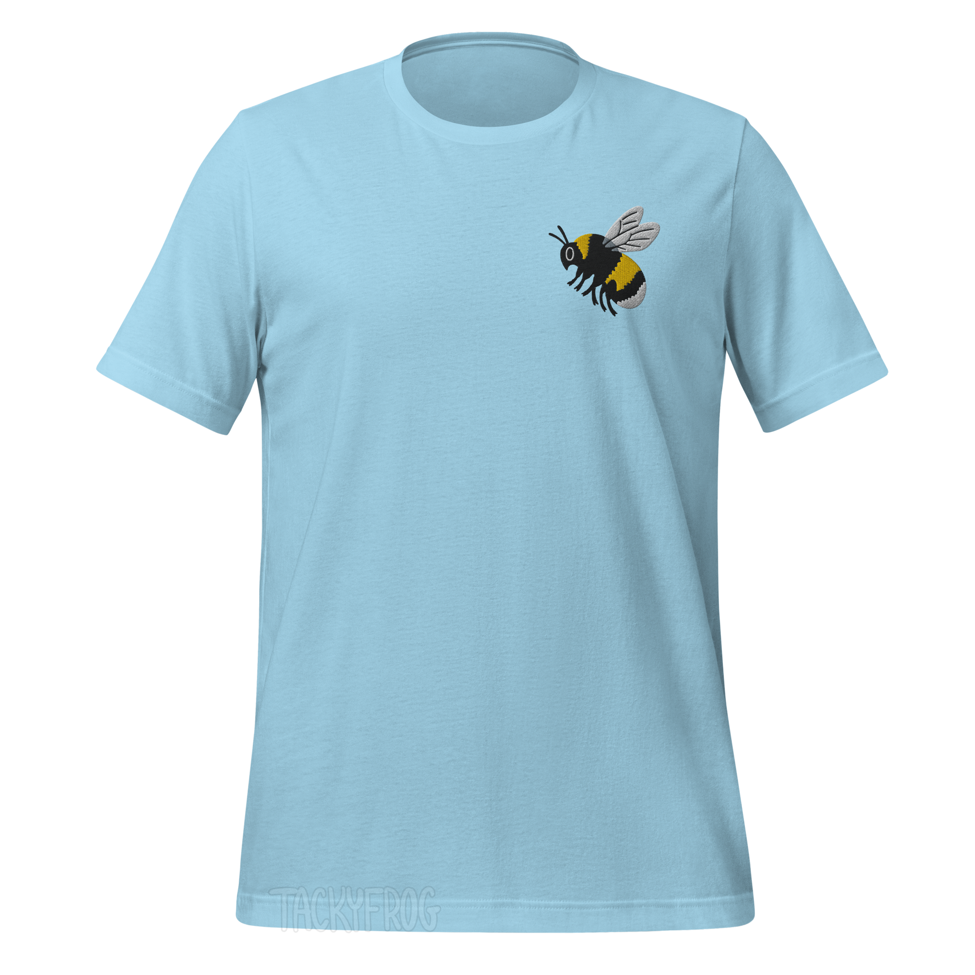 A mockup of the bumble bee embroidered shirt in the color "ocean blue". 