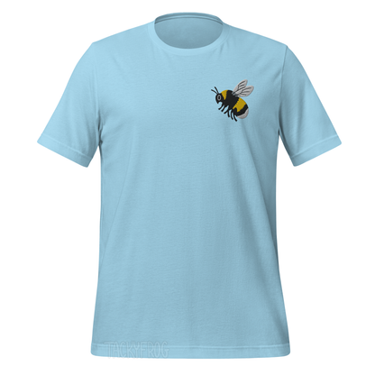 A mockup of the bumble bee embroidered shirt in the color "ocean blue". 