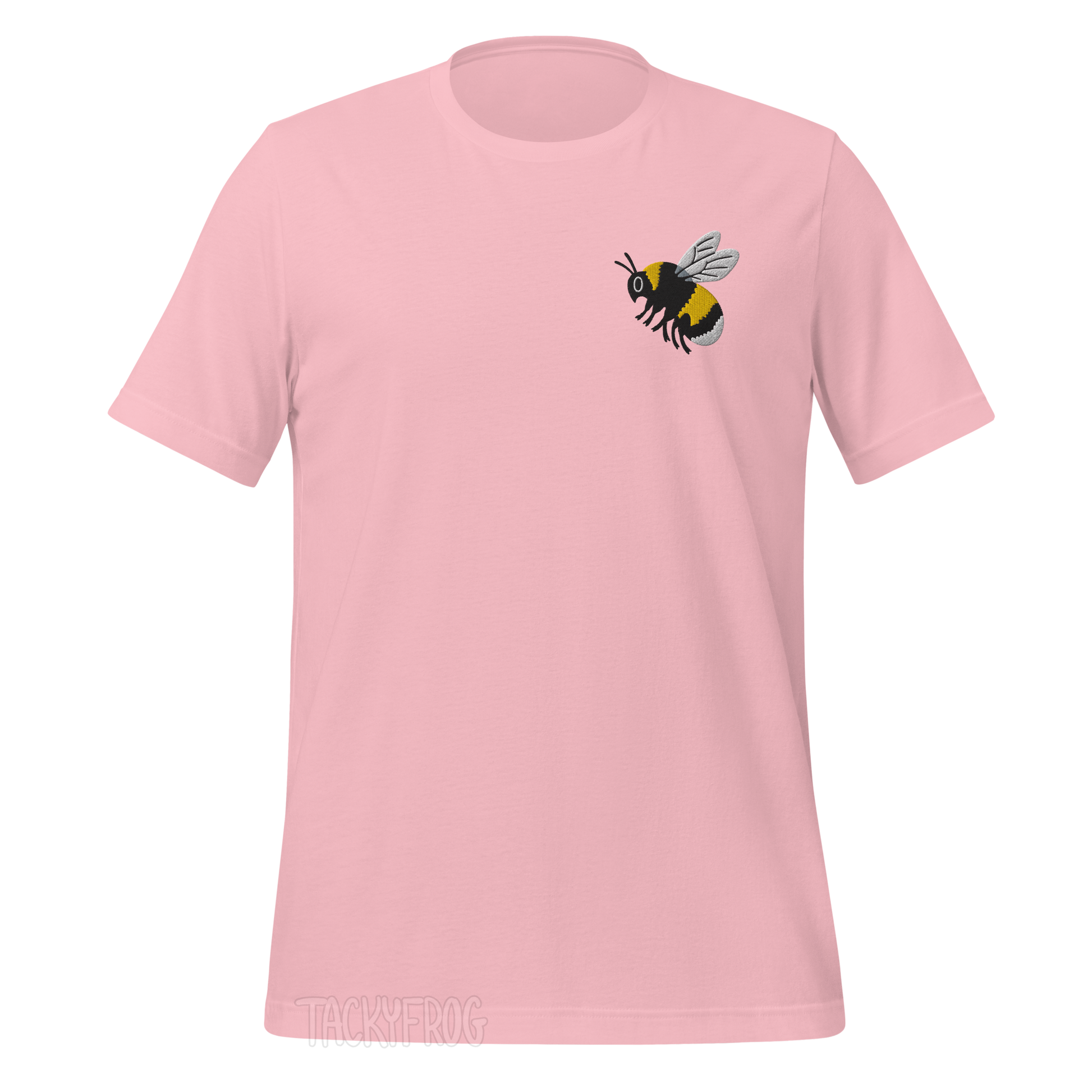 A mockup of the bumble bee embroidered shirt in the color "pink". 
