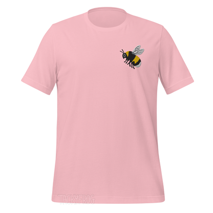 A mockup of the bumble bee embroidered shirt in the color "pink". 