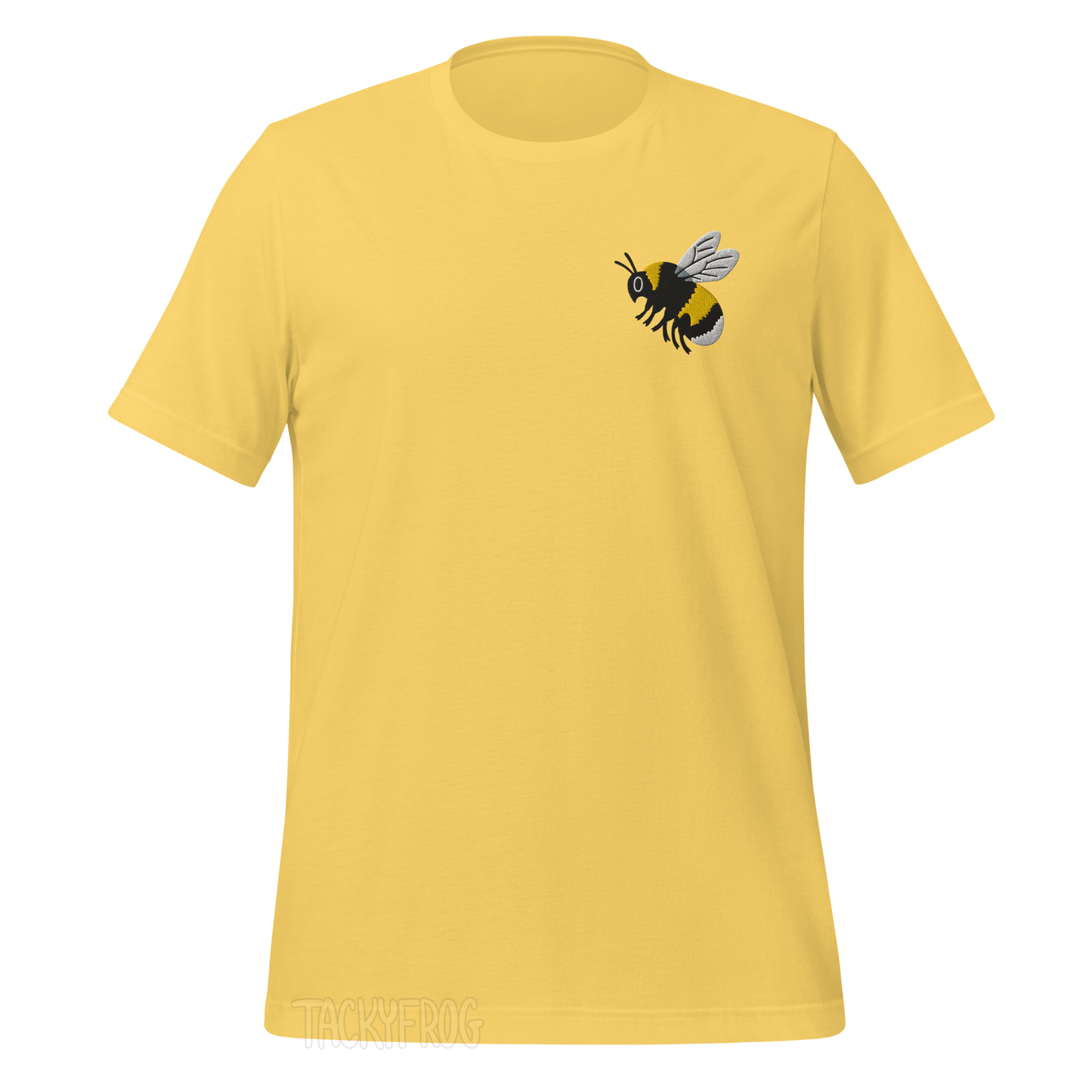 A mockup of the bumble bee embroidered shirt in the color "yellow". 