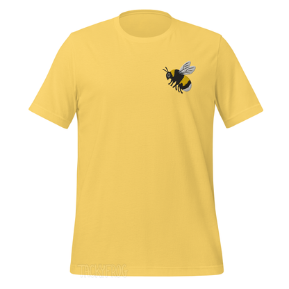 A mockup of the bumble bee embroidered shirt in the color "yellow". 