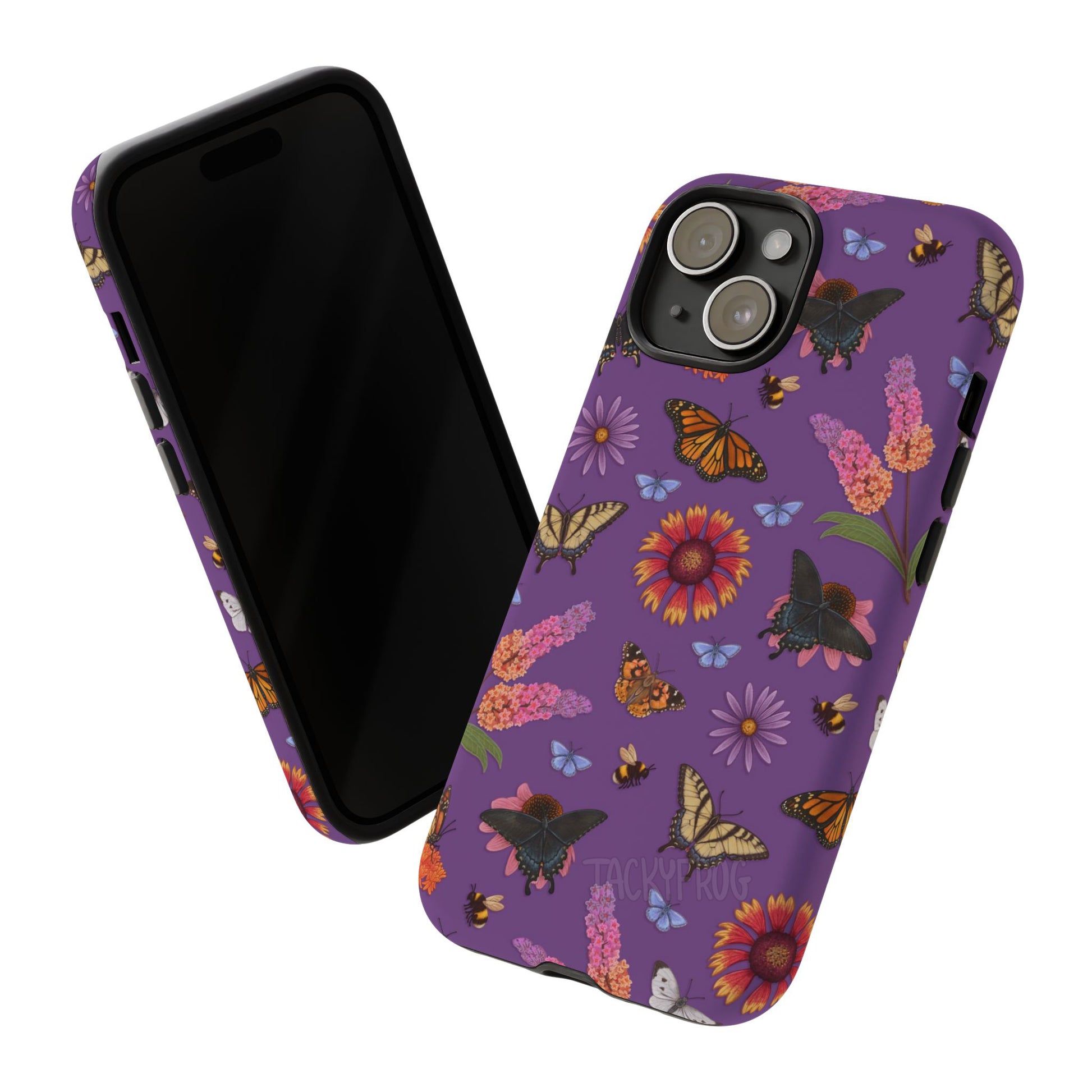 A mockup of the butterfly garden-inspired tough phone case showing the back and front of the case.