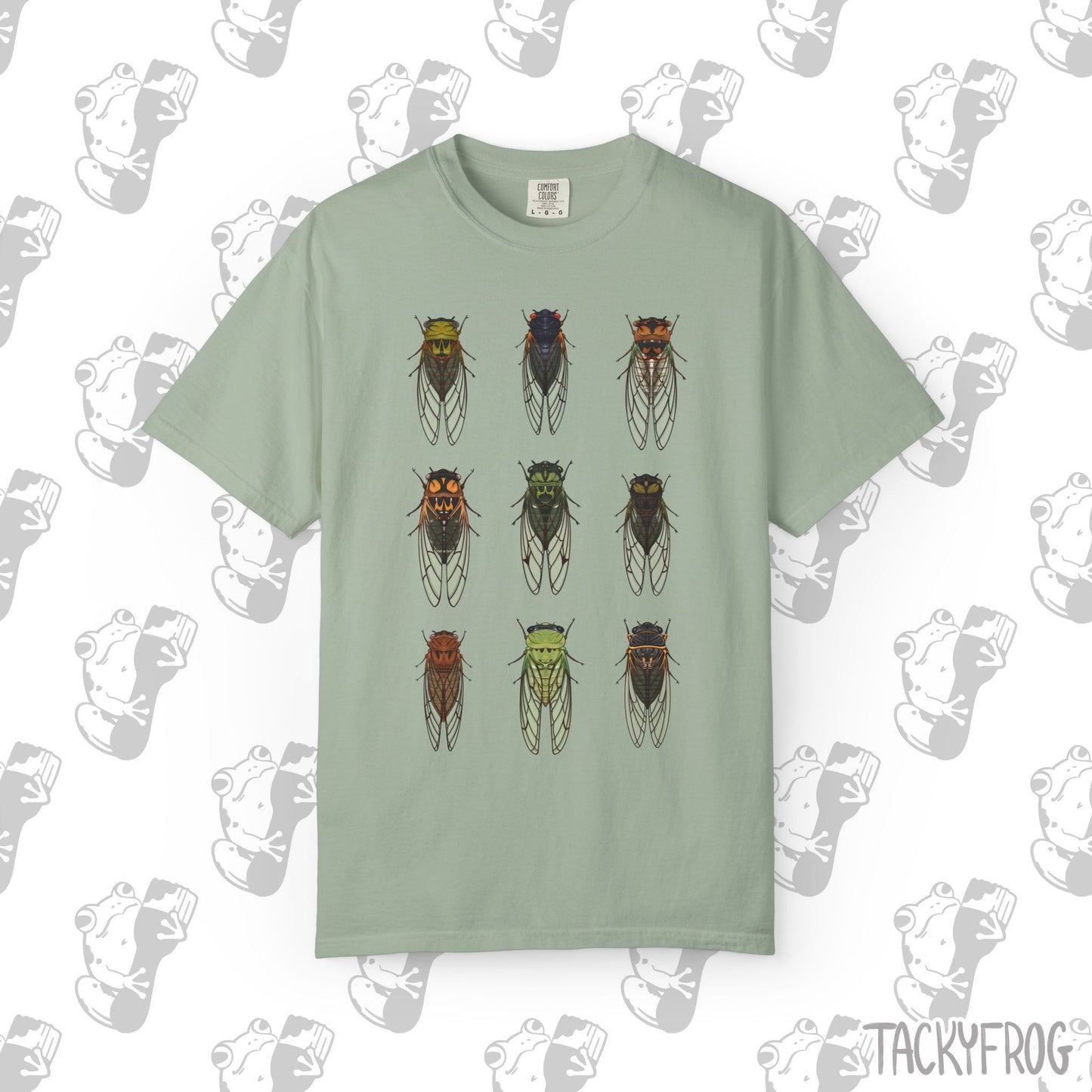A t-shirt with nine different cicada designs in the color "Bay".