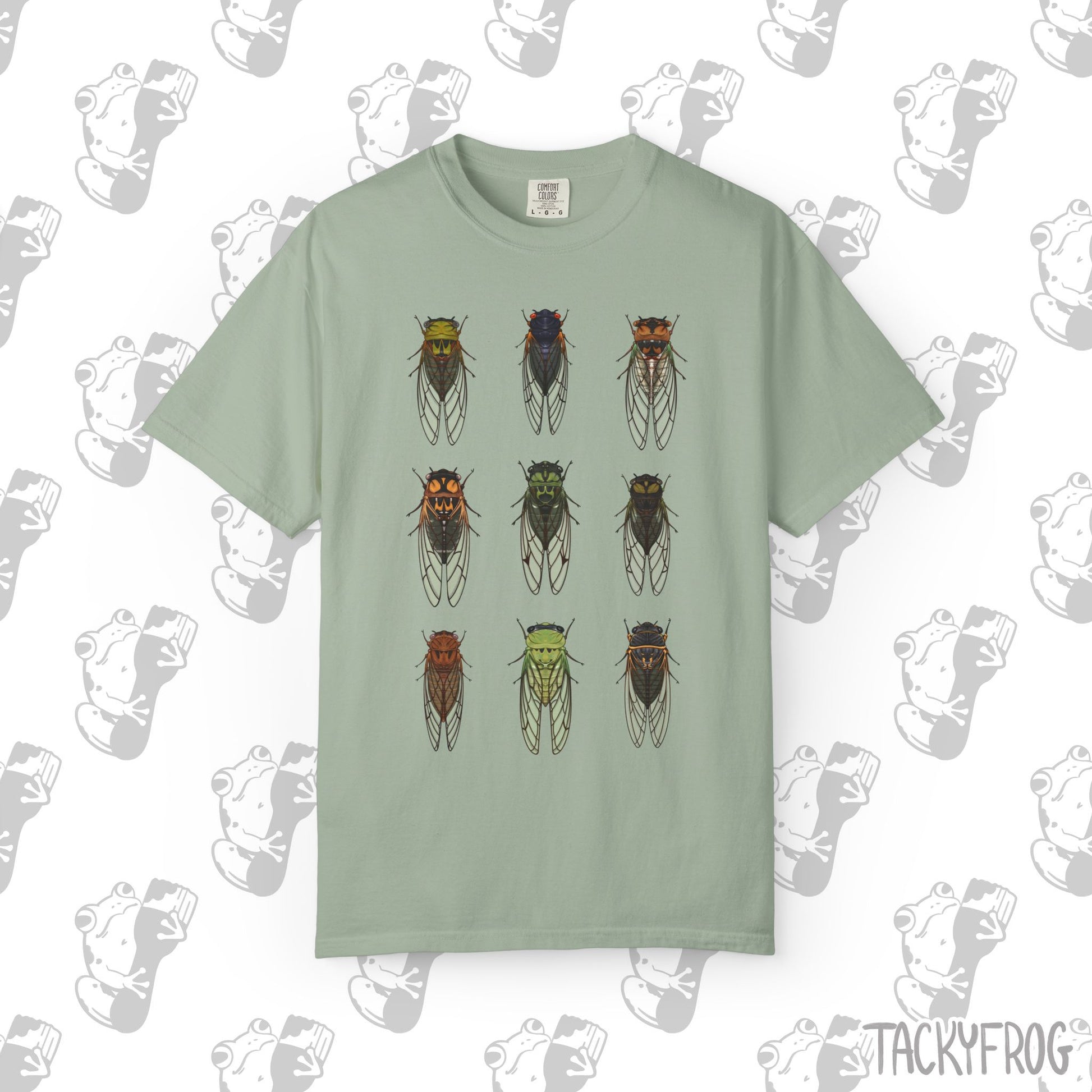 A t-shirt with nine different cicada designs in the color "Bay".