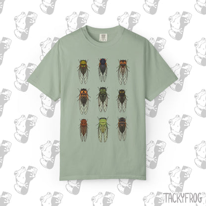 A t-shirt with nine different cicada designs in the color "Bay".