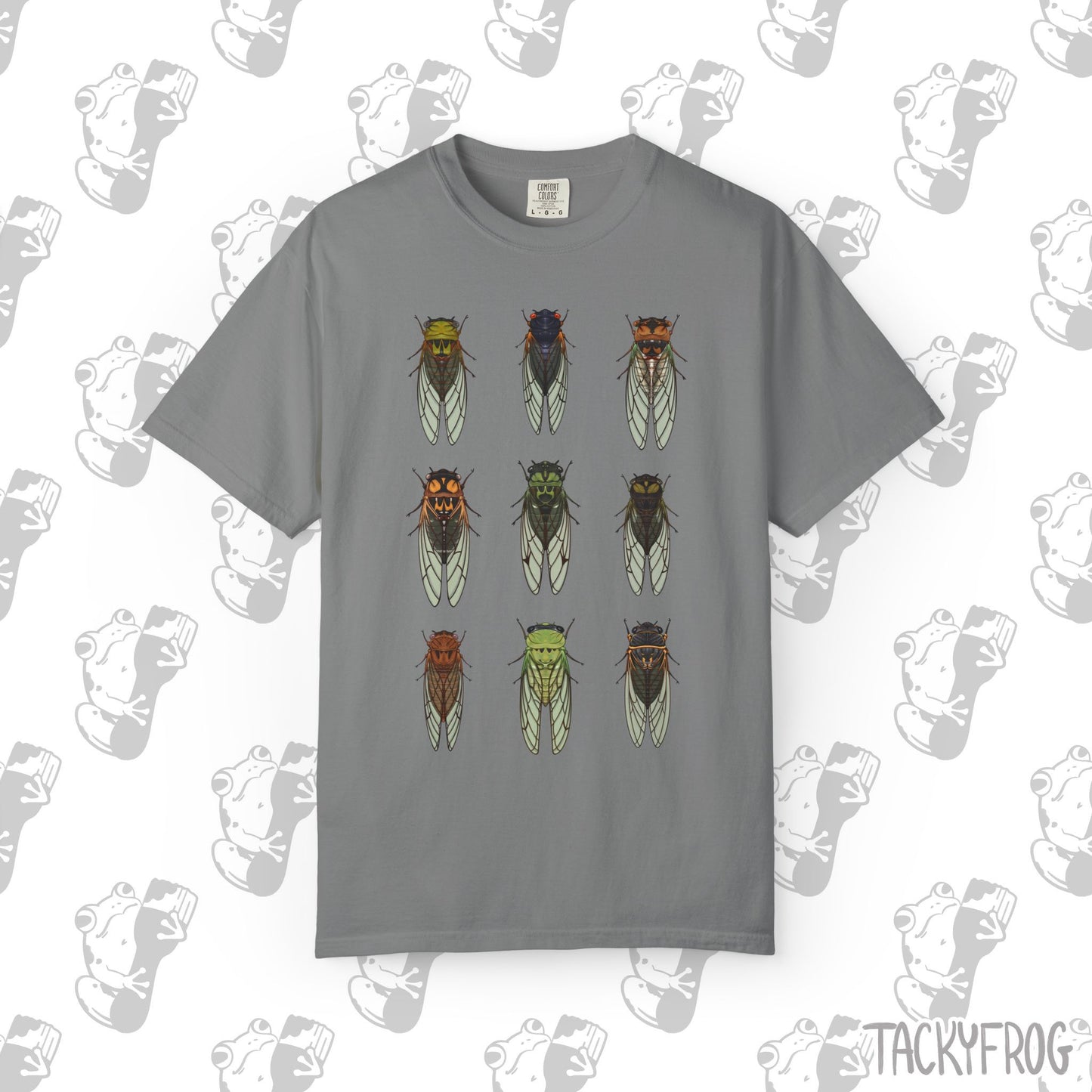 A t-shirt with nine different cicada designs in the color "Grey".