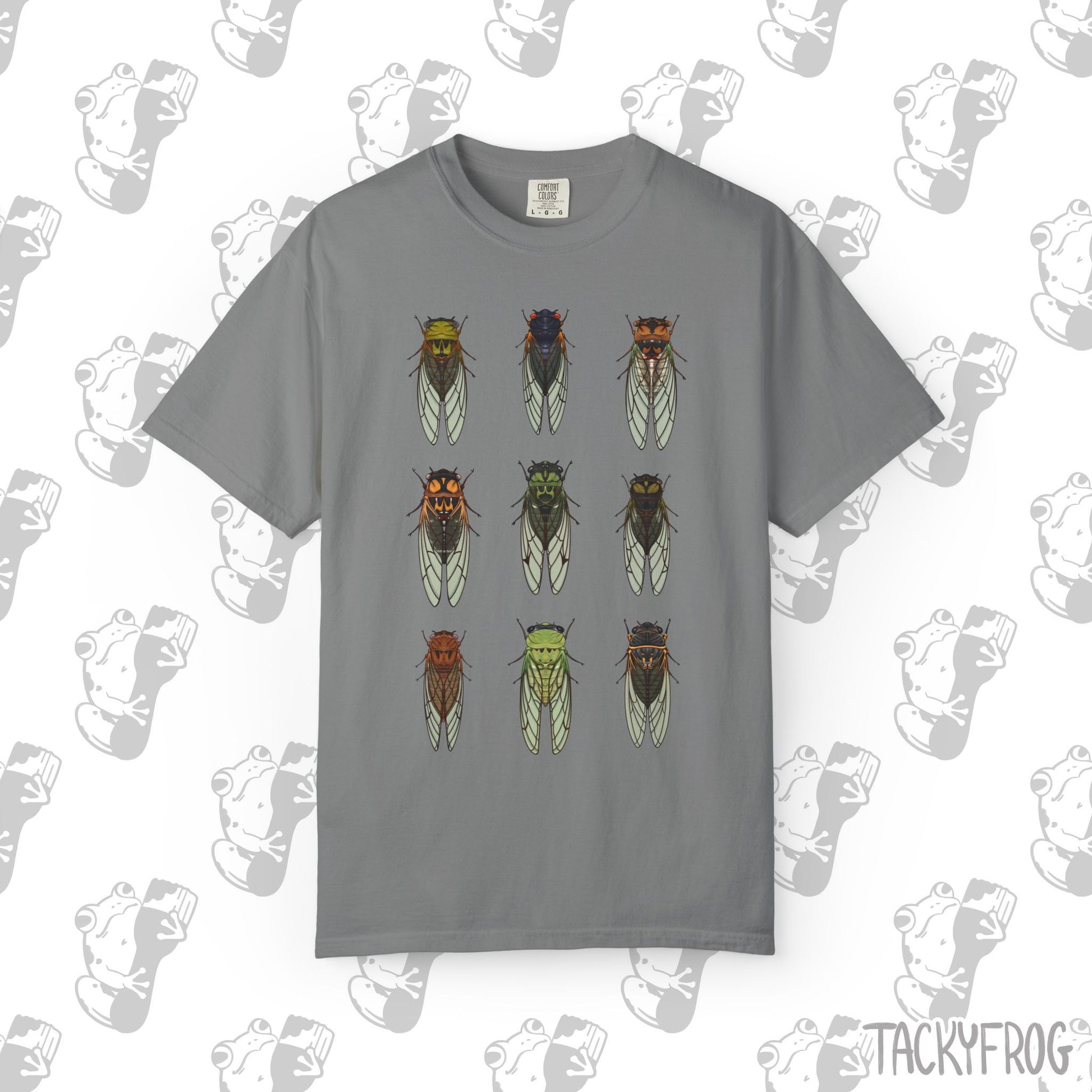 A t-shirt with nine different cicada designs in the color "Grey".