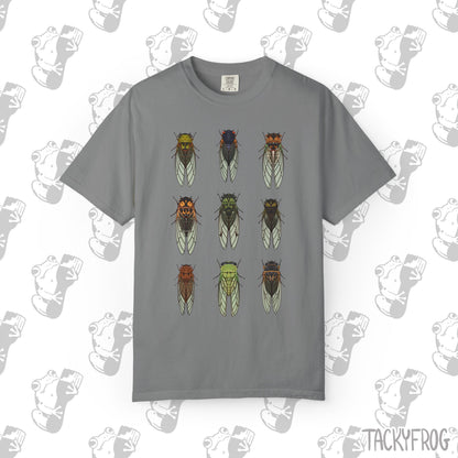 A t-shirt with nine different cicada designs in the color "Grey".