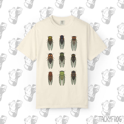 A t-shirt with nine different cicada designs in the color "Ivory".