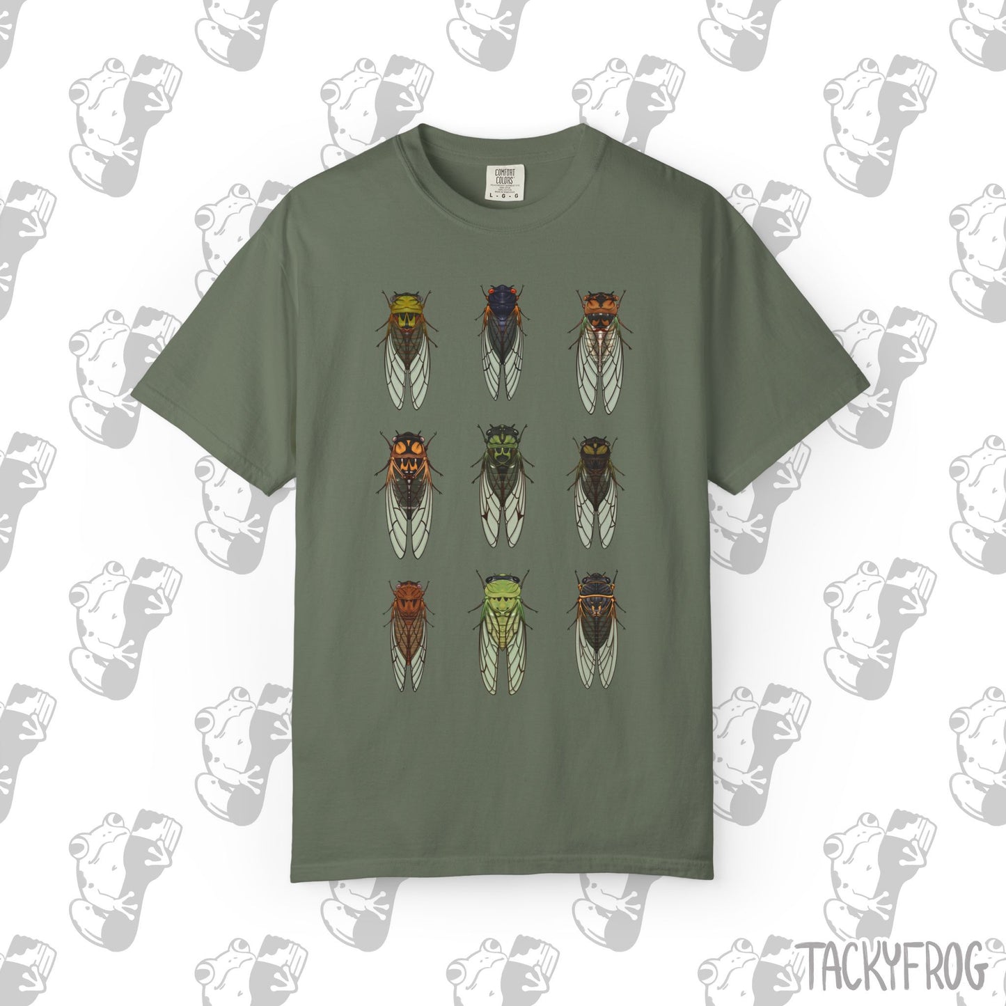 A t-shirt with nine different cicada designs in the color "Moss".