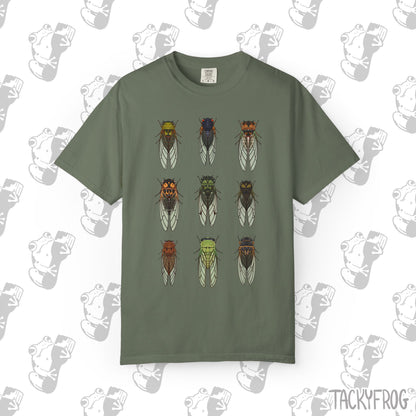 A t-shirt with nine different cicada designs in the color "Moss".