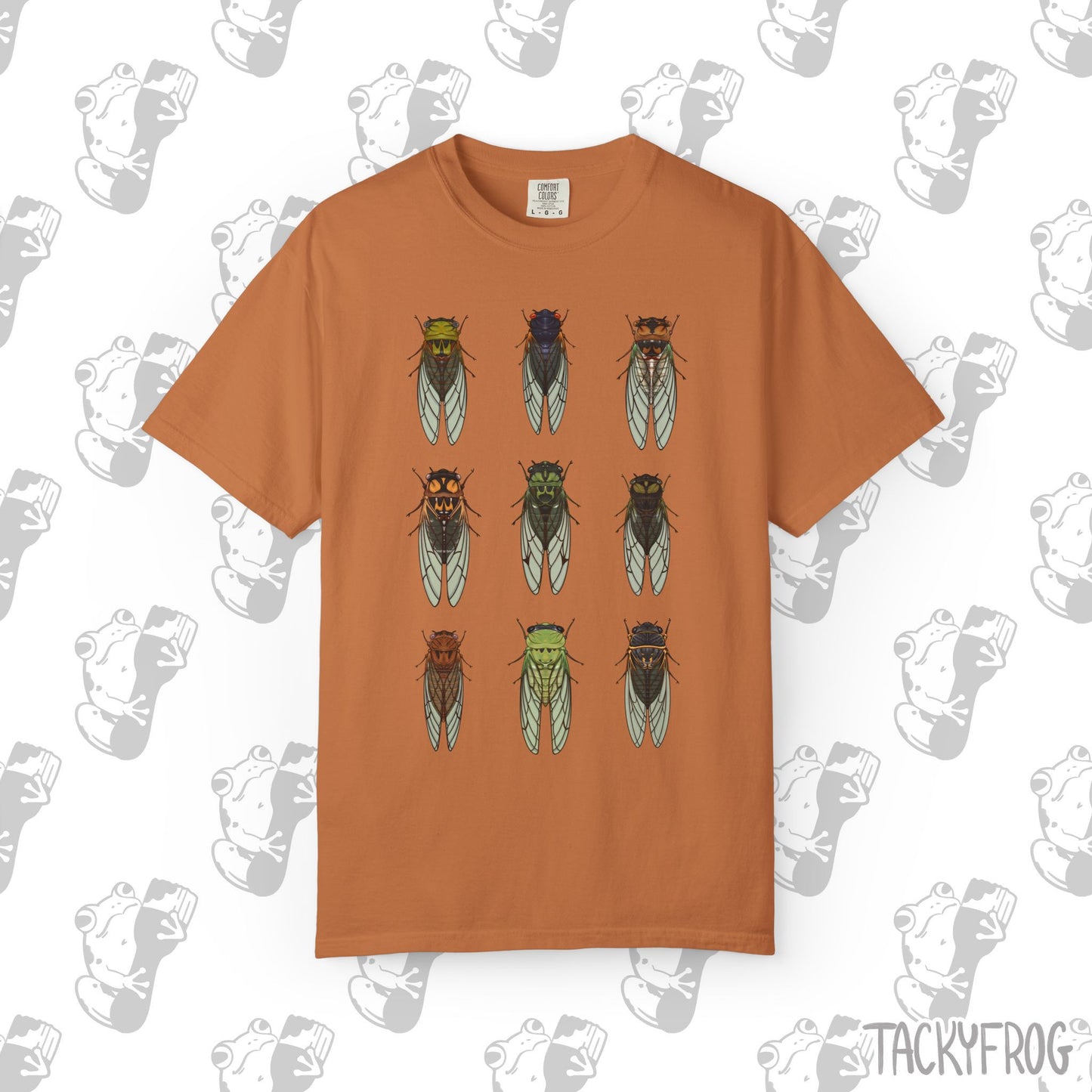 A t-shirt with nine different cicada designs in the color "Yam".