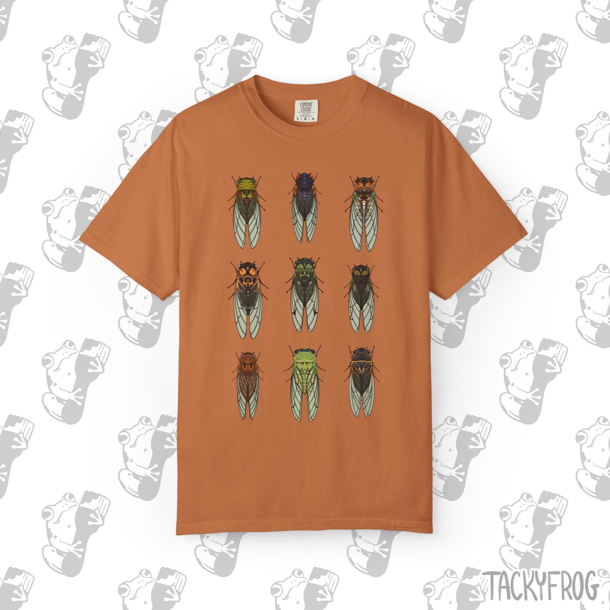 A t-shirt with nine different cicada designs in the color "Yam".