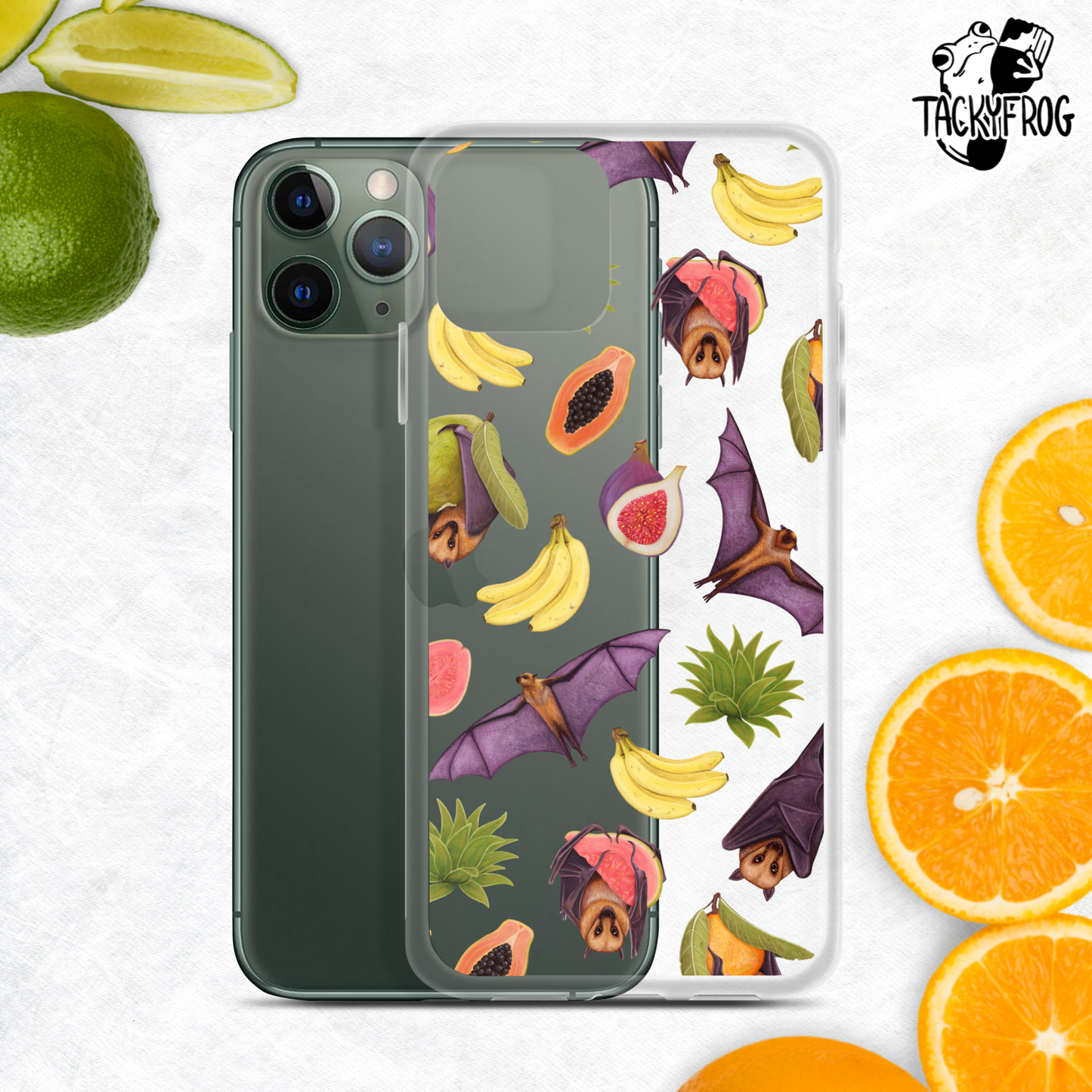 A mockup of the fruit bat and fruits clear phone case. The mockup is surrounded by images of citrus fruit.