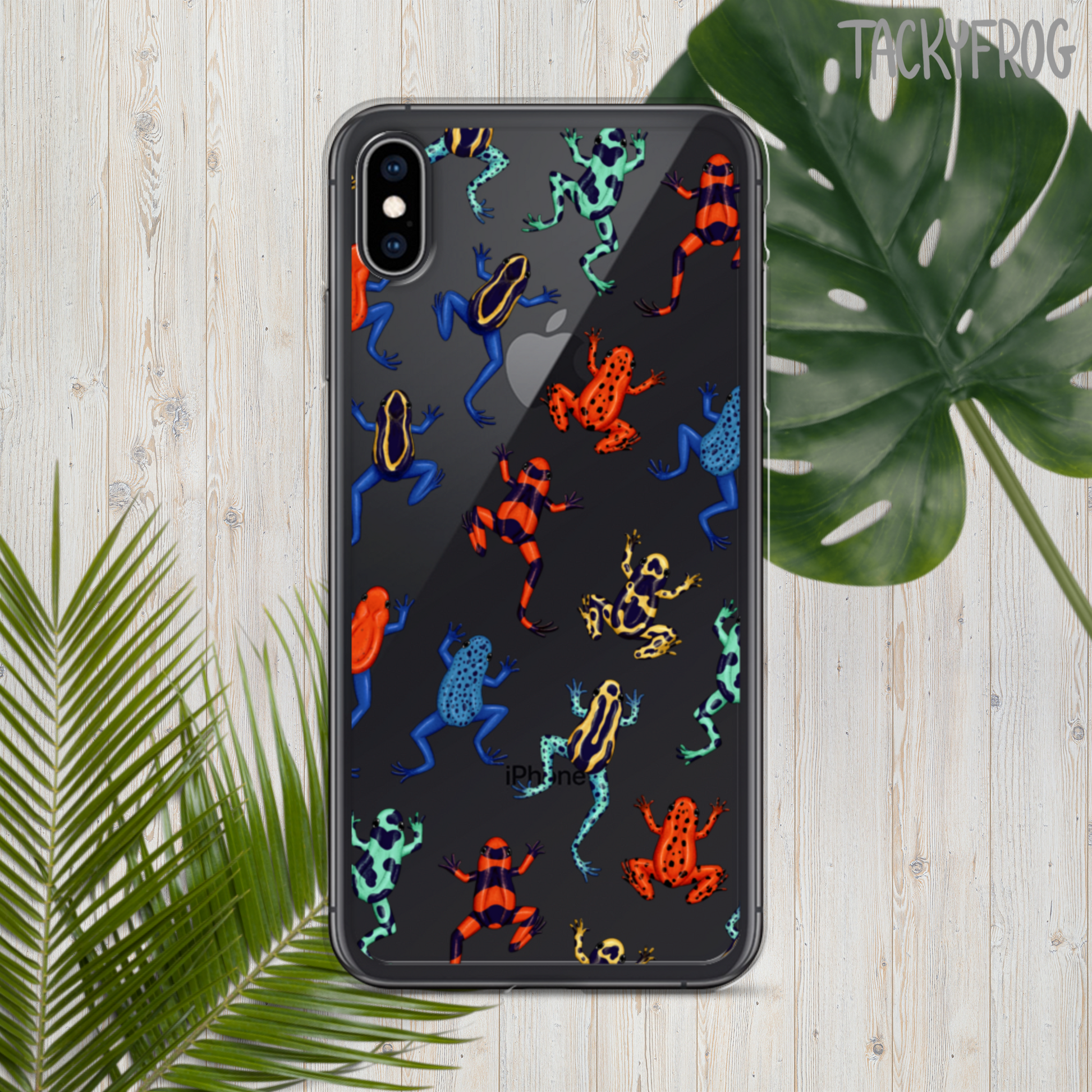 A mockup of a clear phone case with a colorful dart frog pattern on it.