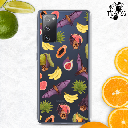 A mockup of the fruit bat and fruits clear phone case. The mockup is surrounded by images of citrus fruit.