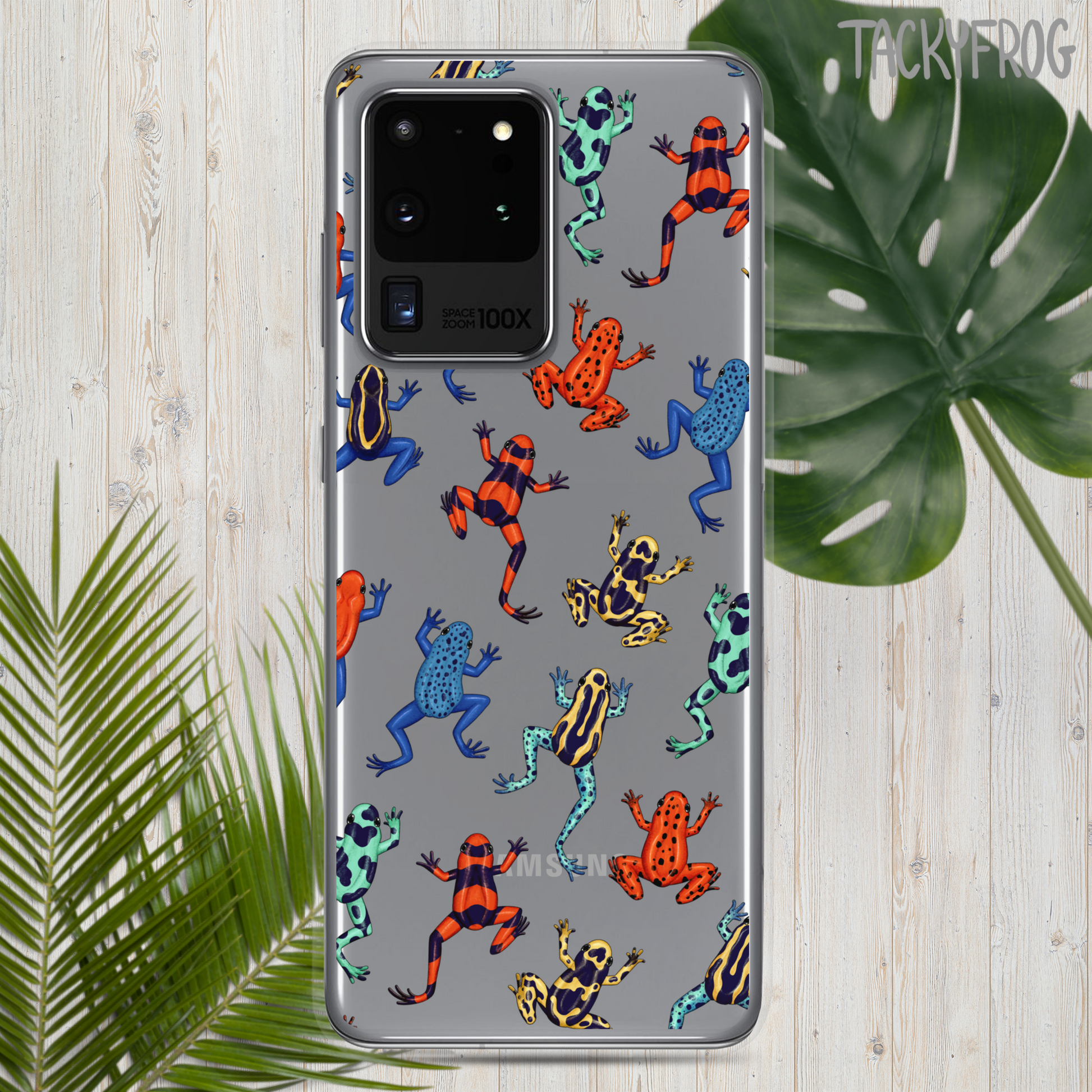 A mockup of a clear phone case with a colorful dart frog pattern on it.