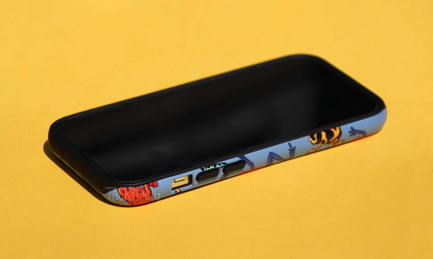 The dart frog blue phone case shown screen side up. The inner layer of the case is solid black, and it is visible near openings and buttons.