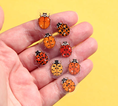 The clear vinyl sticker depicting eight smaller ladybugs placed on top of artist's fingers.
