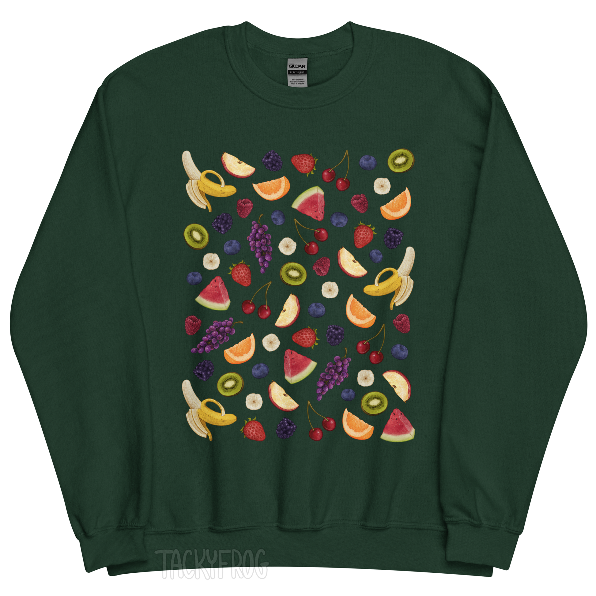 A mockup of the fruit salad sweatshirt in the color "forest green".