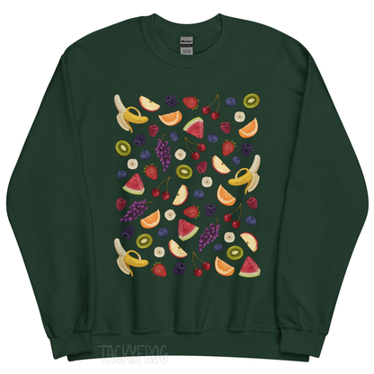 A mockup of the fruit salad sweatshirt in the color "forest green".