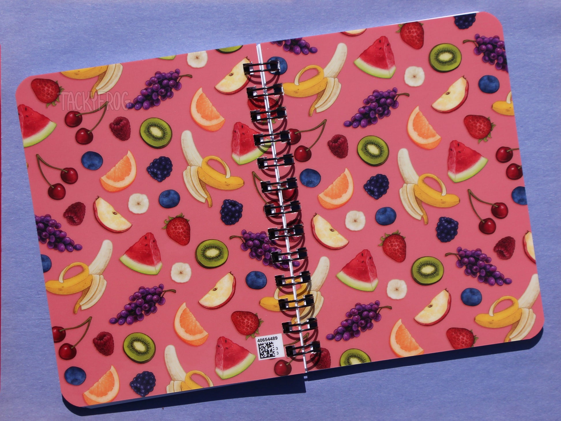 The back and front covers of the fruit patterned journal. Please note there is a small QR code in the bottom right corner of the back cover.
