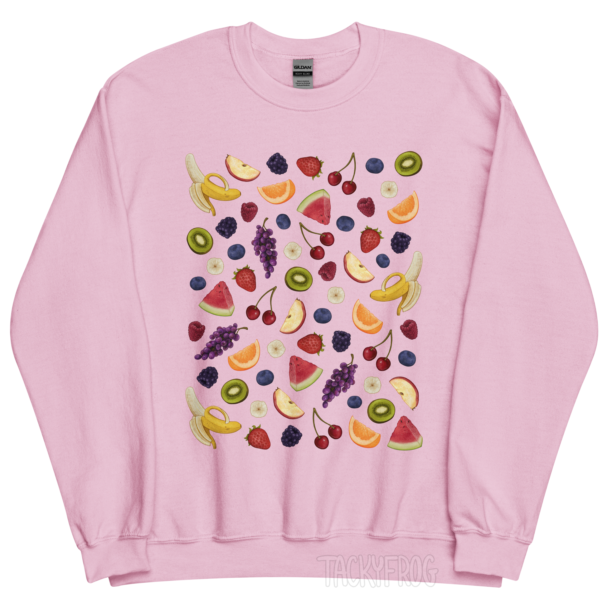 A mockup of the fruit salad sweatshirt in the color "light pink".