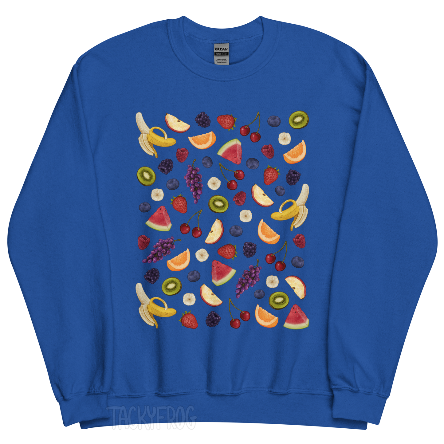 A mockup of the fruit salad sweatshirt in the color "royal".