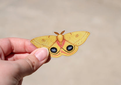 A clear vinyl sticker of an io moth, also known as a peacock moth.