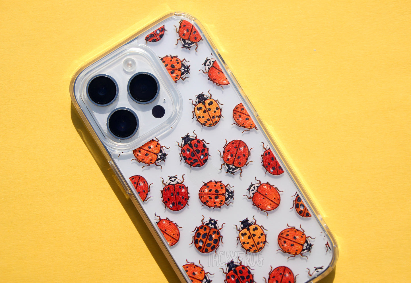 A closer look at the details on the ladybugs clear case.