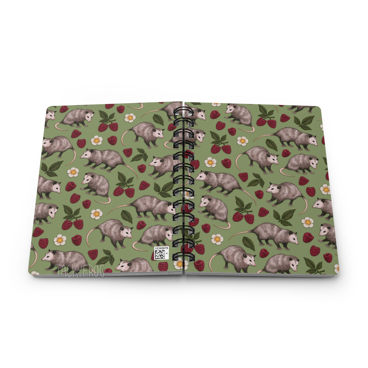 A mockup of the opossum notebook, shown open and face down so that the front and back covers are visible.