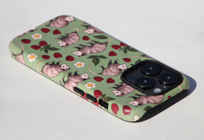 An angled view of the opossum phone case.