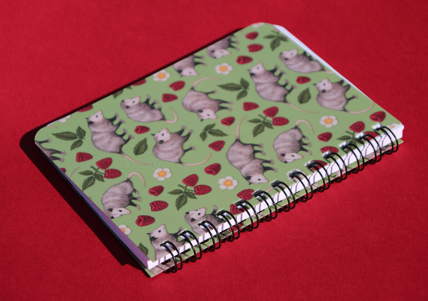 An angled view of the opossums notebook, showing the spiral bound edge. 