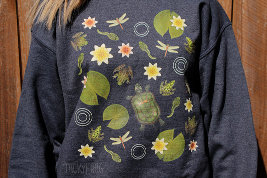 A closeup of the illustrations of insects, animals, and plants depicted on the sweatshirt. The sweatshirt color is "dark heather".
