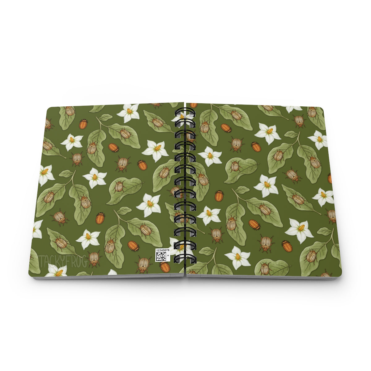 A mockup of the potato beetle 5 x 7 inch mini journal. Note that there is a small QR code in the lower right corner of the back cover.