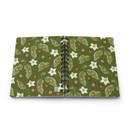 A mockup of the potato beetle 5 x 7 inch mini journal. Note that there is a small QR code in the lower right corner of the back cover.